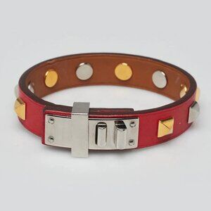 Hermes Rouge Tomate Swift Leather Mini Dog Clous Ronds Bracelet Size T2